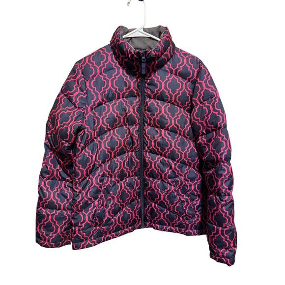 Lands' End Navy Pink Geometric Pattern Down Puffer Jacket Zipper Pockets Small - Picture 1 of 11